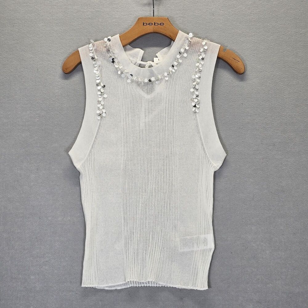 J.Crew Women Semi-Sheer Sequin Embellishment Ruffle Trim Knit Top L White New